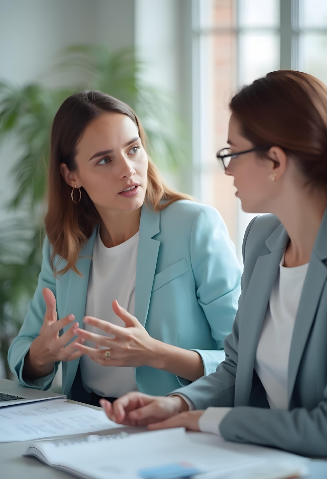 Dwie kobiety biznesu prowadzą rozmowę przy stole, koncentrując się na efektywnej komunikacji.